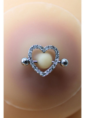 Paire de cache-tétons piercing barre coeur faux diamant peau claire - XP004C